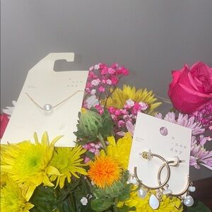 A New Day Gold Hoop Earrings with Faux Pearl and Short Necklace Set New